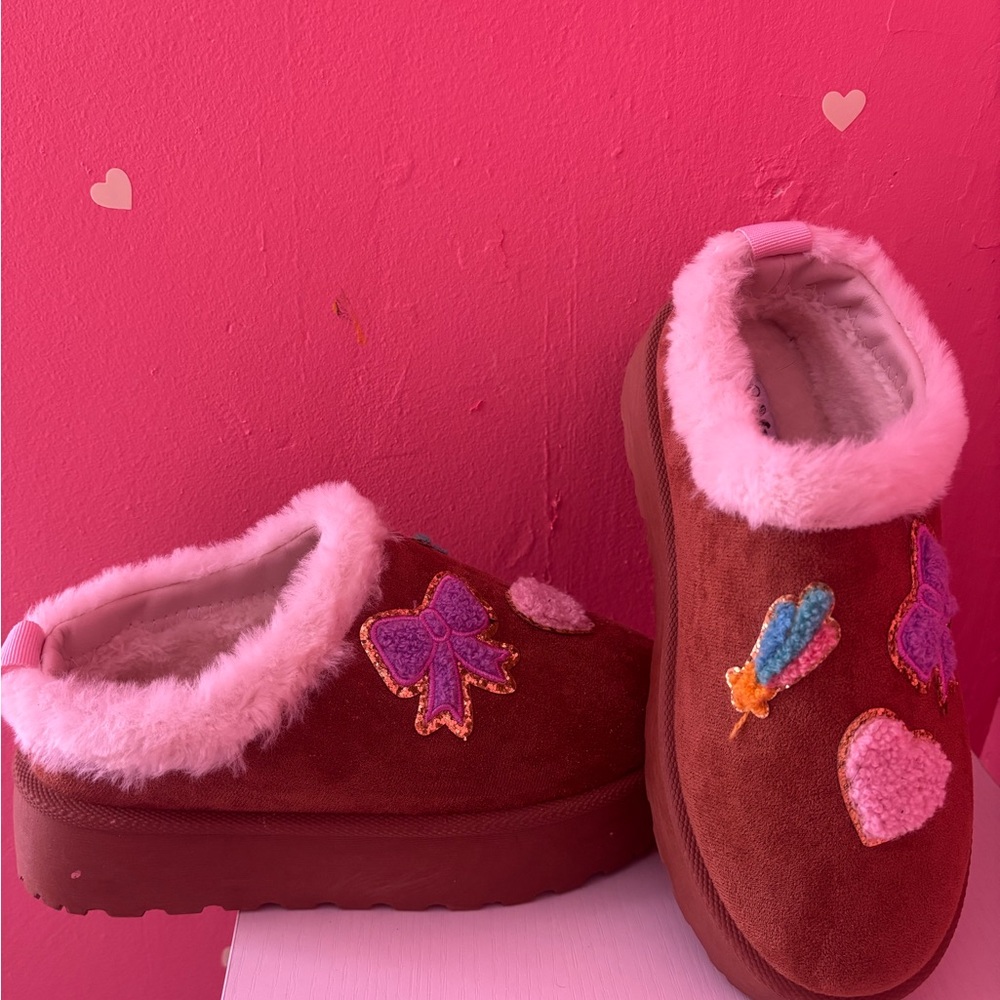 Kids Faux-Fur Lined Slip-On Shoes with Heart & Butterfly Patches